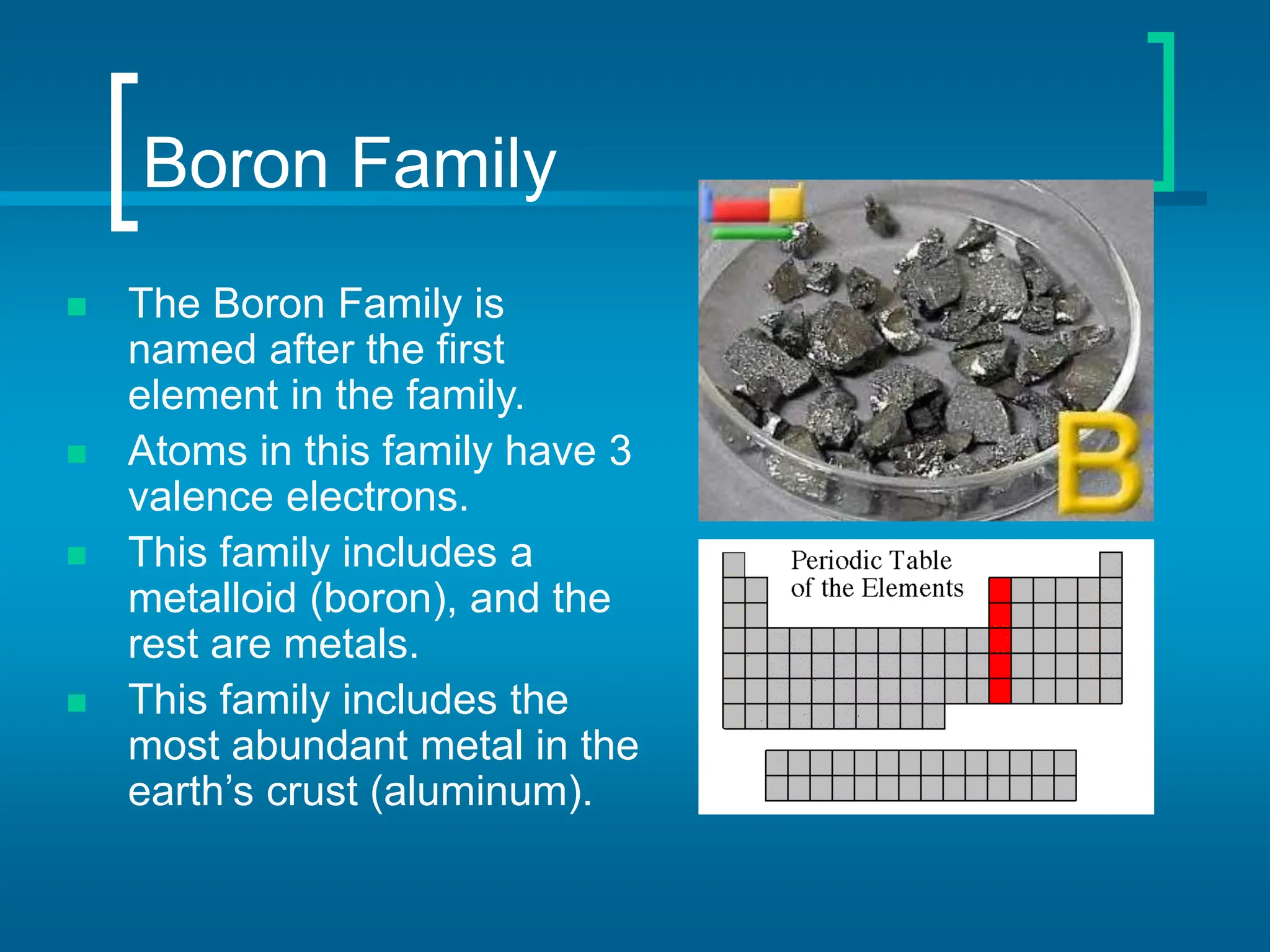 Boron Family
 The Boron Family is
named after the first
element in the family.
 Atoms in this family have 3
valence electrons.
 This family includes a
metalloid (boron), and the
rest are metals.
 This family includes the
most abundant metal in the
earth’s crust (aluminum).
 