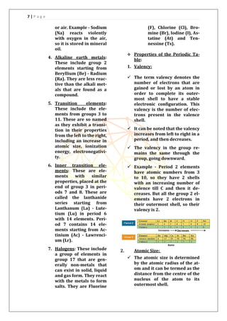 7 | P a g e
or air. Example - Sodium
(Na) reacts violently
with oxygen in the air,
so it is stored in mineral
oil.
4. Alkaline earth metals:
These include group 2
elements starting from
Beryllium (Be) - Radium
(Ra). They are less reac-
tive than the alkali met-
als that are found as a
compound.
5. Transition elements:
These include the ele-
ments from groups 3 to
11. These are so named
as they exhibit a transi-
tion in their properties
from the left to the right,
including an increase in
atomic size, ionization
energy, electronegativi-
ty.
6. Inner transition ele-
ments: These are ele-
ments with similar
properties, placed at the
end of group 3 in peri-
ods 7 and 8. These are
called the lanthanide
series starting from
Lanthanum (La) - Lute-
tium (Lu) in period 6
with 14 elements. Peri-
od 7 contains 14 ele-
ments starting from Ac-
tinium (Ac) - Lawrenci-
um (Lr).
7. Halogens: These include
a group of elements in
group 17 that are gen-
erally non-metals that
can exist in solid, liquid
and gas form. They react
with the metals to form
salts. They are Fluorine
(F), Chlorine (Cl), Bro-
mine (Br), Iodine (I), As-
tatine (At) and Ten-
nessine (Ts).
 Properties of the Periodic Ta-
ble:
1. Valency:
 The term valency denotes the
number of electrons that are
gained or lost by an atom in
order to complete its outer-
most shell to have a stable
electronic configuration. This
valency is the number of elec-
trons present in the valence
shell.
 It can be noted that the valency
increases from left to right in a
period, and then decreases.
 The valency in the group re-
mains the same through the
group, going downward.
 Example - Period 2 elements
have atomic numbers from 3
to 10, so they have 2 shells
with an increasing number of
valence till C and then it de-
creases. But all the group 2 el-
ements have 2 electrons in
their outermost shell, so their
valency is 2.
2. Atomic Size:
 The atomic size is determined
by the atomic radius of the at-
om and it can be termed as the
distance from the centre of the
nucleus of the atom to its
outermost shell.
 