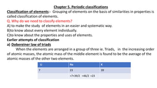 Chapter 5. Periodic classifications
Classification of elements:- Grouping of elements on the basis of similarities in properties is
called classification of elements.
Q. Why do we need to classify elements?
A) to make the study of elements in an easier and systematic way.
B)to know about every element individually.
C)to know about the properties and uses of elements.
Earlier attempts of classification
a) Dobereiner law of triads
When the elements are arranged in a group of three ie. Triads, in the increasing order
of atomic masses, the atomic mass of the middle element is found to be the average of the
atomic masses of the other two elements.
Li Na K
7 23 39
=7+39/2 =46/2 =23
 
