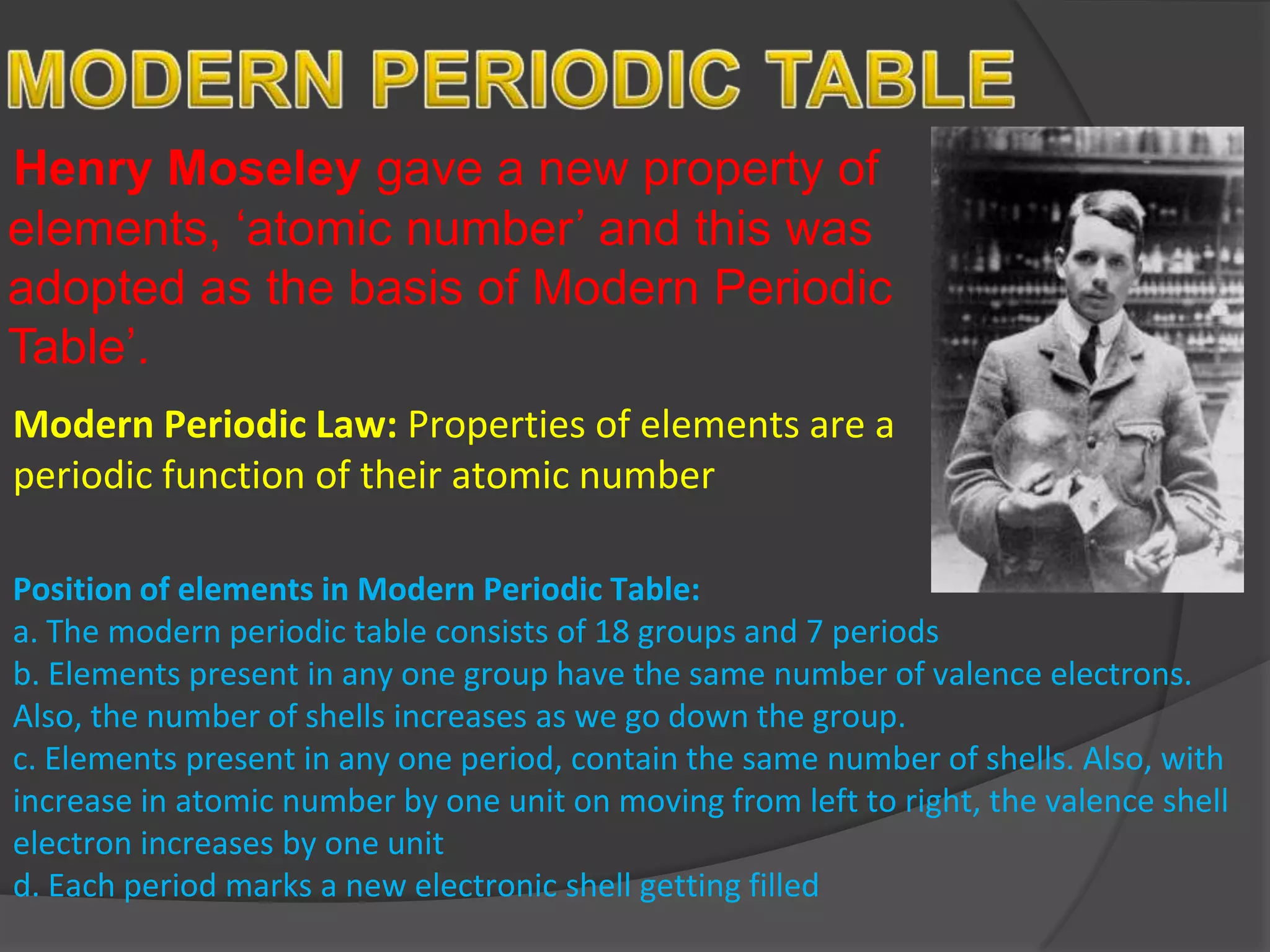 Henry Moseley gave a new property of
elements, ‘atomic number’ and this was
adopted as the basis of Modern Periodic
Table’.
Modern Periodic Law: Properties of elements are a
periodic function of their atomic number

Position of elements in Modern Periodic Table:
a. The modern periodic table consists of 18 groups and 7 periods
b. Elements present in any one group have the same number of valence electrons.
Also, the number of shells increases as we go down the group.
c. Elements present in any one period, contain the same number of shells. Also, with
increase in atomic number by one unit on moving from left to right, the valence shell
electron increases by one unit
d. Each period marks a new electronic shell getting filled
 