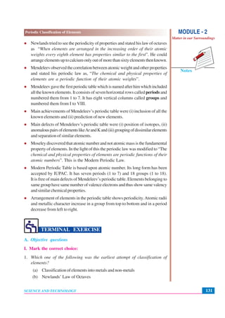 131
Periodic Classification of Elements
SCIENCE AND TECHNOLOGY
Notes
MODULE - 2
Matter in our Surroundings
Newlands tried to see the periodicity of properties and stated his law of octaves
as “When elements are arranged in the increasing order of their atomic
weights every eighth element has properties similar to the first”. He could
arrangeelementsuptocalciumonlyoutofmorethansixtyelementsthenknown.
Mendeleevobservedthecorrelationbetweenatomicweightandotherproperties
and stated his periodic law as, “The chemical and physical properties of
elements are a periodic function of their atomic weights”.
Mendeleevgavethefirstperiodictablewhichisnamedafterhimwhichincluded
all the known elements. It consists of seven horizontal rows called periods and
numbered them from 1 to 7. It has eight vertical columns called groups and
numbered them from I to VIII.
Main achievements of Mendeleev’s periodic table were (i) inclusion of all the
known elements and (ii) prediction of new elements.
Main defects of Mendeleev’s periodic table were (i) position of isotopes, (ii)
anomalouspairsofelementslikeArandKand(iii)groupingofdissimilarelements
and separation of similar elements.
Moseleydiscoveredthatatomicnumberandnotatomicmassisthefundamental
property of elements. In the light of this the periodic law was modified to “The
chemical and physical properties of elements are periodic functions of their
atomic numbers”. This is the Modern Periodic Law.
Modern Periodic Table is based upon atomic number. Its long form has been
accepted by IUPAC. It has seven periods (1 to 7) and 18 groups (1 to 18).
It is free of main defects of Mendeleev’s periodic table. Elements belonging to
samegrouphavesamenumberofvalenceelectronsandthusshowsamevalency
and similar chemical properties.
Arrangement of elements in the periodic table shows periodicity.Atomic radii
and metallic character increase in a group from top to bottom and in a period
decrease from left to right.
TERMINAL EXERCISE
A. Objective questions
I. Mark the correct choice:
1. Which one of the following was the earliest attempt of classification of
elements?
(a) Classification of elements into metals and non-metals
(b) Newlands’ Law of Octaves
 
