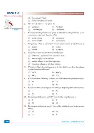 Periodic Classification of Elements
SCIENCE AND TECHNOLOGY132
Notes
MODULE - 2
Matter in our Surroundings
(c) Dobereiner’sTriads
(d) Mendeleef’s Periodic Table
2. The ‘law of octaves’ was given by
(a) Mendeleev (b) Newlands
(c) Lother Meyer (d) Dobereiner
3. According to the periodic law given by Mendeleev, the properties of an
element are a periodic function of its
(i) atomicvolume (ii) atomicsize
(iii) atomicnumber (iv) atomic mass
4. The particle which is universally present in the nuclei of all elements is
(a) neutron (b) proton
(c) electron (d) α-particle
5. Potassium is more metallic than sodium because
(a) both have 1 electron in their outermost shell.
(b) both are highly electropositive.
(c) sodium is larger in size than potassium.
(d) potassium is larger in size than sodium.
7. Which one of the following elements in its chloride does not show the valence
equal to its valence electrons?
(a) NaCl (b) MgCl2
(c) AlCl3 (d) PCl3
8. Which one of the following elements has the least tendency to form cation?
(a) Na (b) Ca
(c) B (d) Al
9. Which one of the following does not belong to the family of the alkali metals?
(a) Li (b) Na
(c) Be (d) K
10. The number of elements in the 5th period of the periodic table is
(a) 2 (b) 8
(c) 32 (d) 18
11. The elements with atomic number 9 resembles with the element having atomic
number
(a) 35 (b) 27
(c) 17 (d) 8
 
