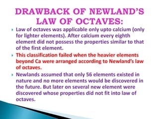  Law of octaves was applicable only upto calcium (only
for lighter elements). After calcium every eighth
element did not possess the properties similar to that
of the first element.
 This classification failed when the heavier elements
beyond Ca were arranged according to Newland’s law
of octaves.
 Newlands assumed that only 56 elements existed in
nature and no more elements would be discovered in
the future. But later on several new element were
discovered whose properties did not fit into law of
octaves.
 