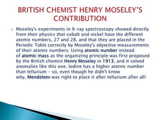 Moseley's experiments in X-ray spectroscopy showed directly
from their physics that cobalt and nickel have the different
atomic numbers, 27 and 28, and that they are placed in the
Periodic Table correctly by Moseley's objective measurements
of their atomic numbers. Using atomic number instead
of atomic mass as the organizing principle was first proposed
by the British chemist Henry Moseley in 1913, and it solved
anomalies like this one. Iodine has a higher atomic number
than tellurium - so, even though he didn't know
why, Mendeleev was right to place it after tellurium after all!
 