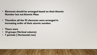 • Elements should be arranged based on their Atomic
Number but not Atomic Mass
• Therefore all the 92 elements were arranged in
increasing order of their atomic number.
• There were
• 18 groups (Vertical column)
• 7 periods ( Horizontal row)
 