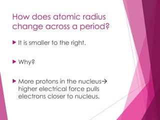 How does atomic radius
change across a period?
 It is smaller to the right.
 Why?
 More protons in the nucleus
higher electrical force pulls
electrons closer to nucleus.
 
