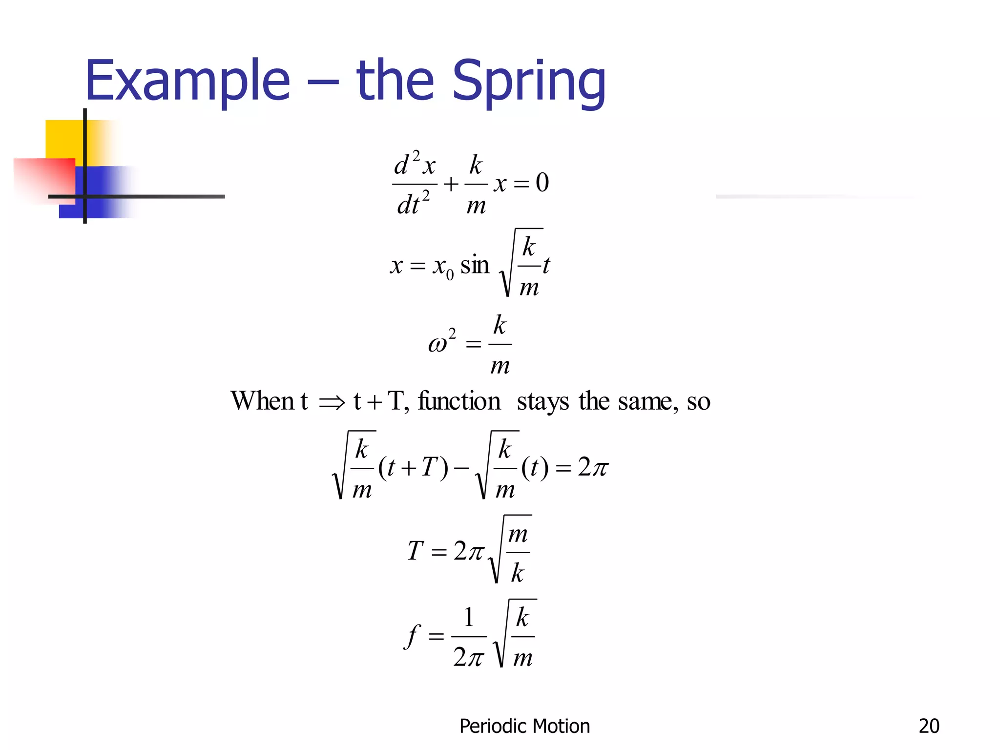 Periodic Motion 20
Example – the Spring
m
k
f
k
m
T
t
m
k
T
t
m
k
m
k
t
m
k
x
x
x
m
k
dt
x
d




2
1
2
2
)
(
)
(
so
same,
the
stays
function
T,
t
When t
sin
0
2
0
2
2











 