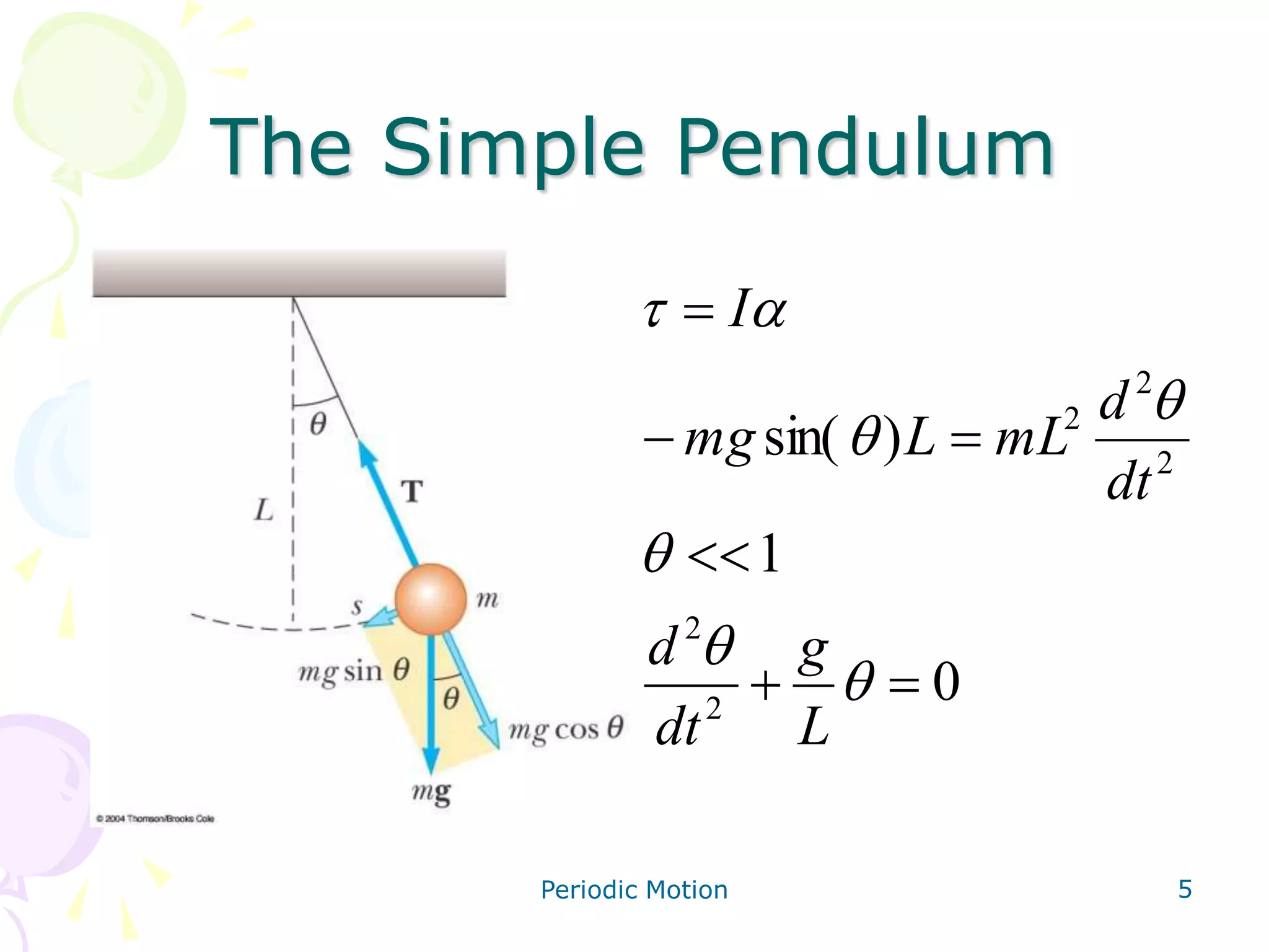 Periodic Motion 5
The Simple Pendulum
0
1
)
sin(
2
2
2
2
2













L
g
dt
d
dt
d
mL
L
mg
I
 