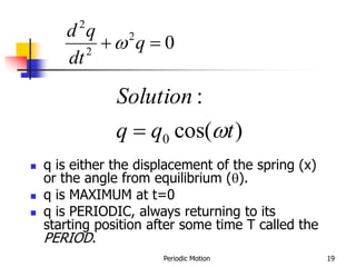 Periodic Motion 19
0
2
2
2

 q
dt
q
d

)
cos(
:
0 t
q
q
Solution


 q is either the displacement of the spring (x)
or the angle from equilibrium ().
 q is MAXIMUM at t=0
 q is PERIODIC, always returning to its
starting position after some time T called the
PERIOD.
 