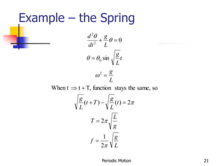 Periodic Motion 21
Example – the Spring
L
g
f
g
L
T
t
L
g
T
t
L
g
L
g
t
L
g
L
g
dt
d








2
1
2
2
)
(
)
(
so
same,
the
stays
function
T,
t
When t
sin
0
2
0
2
2











 