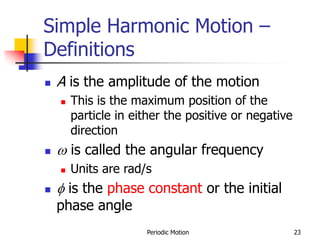 Periodic Motion 23
Simple Harmonic Motion –
Definitions
 A is the amplitude of the motion
 This is the maximum position of the
particle in either the positive or negative
direction
  is called the angular frequency
 Units are rad/s
 f is the phase constant or the initial
phase angle
 