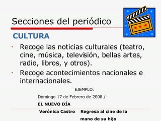 Secciones del periódico Recoge las noticias culturales (teatro, cine, música, televisión, bellas artes, radio, libros, y otros).   Recoge acontecimientos   nacionales e internacionales.  CULTURA   EJEMPLO: Domingo 17 de Febrero de 2008 /  EL NUEVO DÍA   Verónica Castro  Regresa al cine de la  mano de su hijo   