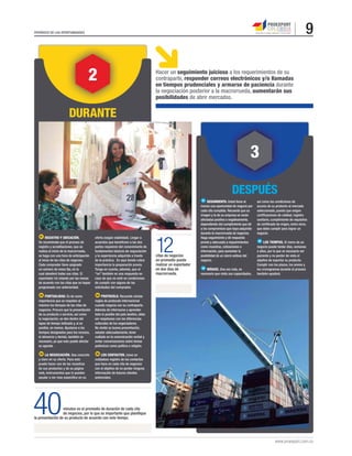 9

PERIÓDICO DE LAS OPORTUNIDADES

2

Hacer un seguimiento juicioso a los requerimientos de su
contraparte, responder correos electrónicos y/o llamadas
en tiempos prudenciales y armarse de paciencia durante
la negociación posterior a la macrorrueda, aumentarán sus
posibilidades de abrir mercados.

DURANTE

3
DESPUÉS
01

01 REGISTRO Y UBICACIÓN.
Se recomienda que el proceso de
registro y acreditaciones, que se
realiza al inicio de la macrorrueda,
se haga con una hora de anticipación
al inicio de las citas de negocios.
Cada comprador tiene asignado
un número de mesa ﬁjo, en la
cual atenderá todas sus citas. El
exportador irá rotando por las mesas
de acuerdo con las citas que se hayan
programado con anterioridad.

oferta (según viabilidad). Llegar a
acuerdos que beneﬁcien a las dos
partes requieren del conocimiento de
fundamentos básicos de negociación
y la experiencia adquirida a través
de la práctica. Es aquí donde cobra
importancia la preparación previa.
Tenga en cuenta, además, que el
“no” también es una respuesta en
caso de que no esté en condiciones
de cumplir con alguna de las
solicitudes del comprador.

02 PUNTUALIDAD. Es de suma
importancia que se respeten al
máximo los tiempos de las citas de
negocios. Procure que la presentación
de su producto o servicio, así como
la negociación, se den dentro del
lapso de tiempo indicado y, si es
posible, en menos. Ajustarse a los
tiempos designados para los recesos,
el almuerzo y demás, también es
necesario, ya que esto puede afectar
su agenda.

así como las condiciones de
acceso de su producto al mercado
seleccionado, puesto que exigen
certiﬁcaciones de calidad, registro
sanitario, cumplimiento de requisitos
de certiﬁcado de origen, entre otros,
que debe cumplir para lograr un
negocio.

04 PROTOCOLO. Recuerde ciertas
reglas de protocolo internacional
cuando negocia con su contraparte.
Además de informarse y aprender
todo lo posible del país destino, debe
ser respetuoso con las diferencias
culturales de los negociadores.
No olvide su buena presentación,
saludar adecuadamente, tener
cuidado en la comunicación verbal y
evitar conversaciones sobre temas
polémicos como política o religión.

03 LA NEGOCIACIÓN. Sea concreto
y claro en su oferta. Para esto
puede hacer uso de las muestras
de sus productos y de su página
web, instrumentos que lo pueden
ayudar a ser mas especíﬁco en su

SEGUIMIENTO. Usted tiene al
menos una oportunidad de negocio por
cada cita cumplida. Recuerde que su
imagen y la de su empresa se verán
afectadas positiva o negativamente,
dependiendo del cumplimiento que dé
a los compromisos que haya adquirido
durante la macrorrueda de negocios.
Haga seguimiento y dé respuesta
pronta y adecuada a requerimientos
como muestras, cotizaciones o
información, para aumentar la
posibilidad de un cierre exitoso del
negocio.

05 LOS CONTACTOS. Lleve un
cuidadoso registro de los contactos
que hace en cada cita de negocios
con el objetivo de no perder ninguna
información de futuros clientes
potenciales.

12

citas de negocios
en promedio puede
realizar un exportador
en dos días de
macrorrueda.

02 MÍDASE. Una vez más, es
necesario que mida sus capacidades,

03 LOS TIEMPOS. El cierre de un
negocio puede tardar días, semanas
o años, por lo que es necesario ser
paciente y no perder de vista el
objetivo de exportar su producto.
Cumplir con los plazos, los envíos y
los cronogramas durante el proceso
también ayudará.

 

minutos es el promedio de duración de cada cita
de negocios, por lo que es importante que planiﬁque
la presentación de su producto de acuerdo con este tiempo.

www.proexport.com.co

 