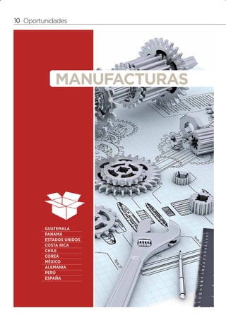 0                               1




    10 Oportunidades




                 MANUFACTURAS




             GUATEMALA
             PANAMÁ
             ESTADOS UNIDOS
             COSTA RICA
             CHILE
             COREA
             MÉXICO
             ALEMANIA
             PERÚ
             ESPAÑA
 