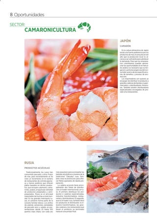 8                                                                                                                                  1




    8 Oportunidades




                                                                                          JAPÓN
                                                                                          CAMARÓN
                                                                                             En la cultura alimenticia de Japón
                                                                                          existe una fuerte preferencia por los
                                                                                          productos de mar, el consumo es tan
                                                                                          alto que la producción local no al-
                                                                                          canza a ser suficiente para satisfacer
                                                                                          la demanda. Para que los empresa-
                                                                                          rios colombianos puedan aprove-
                                                                                          char las oportunidades en el merca-
                                                                                          do asiático es necesario que se ten-
                                                                                          gan en cuenta las exigencias del con-
                                                                                          sumidor acerca de las especificacio-
                                                                                          nes de tamaños y proceso de pro-
                                                                                          ducción.
                                                                                             Los importadores son quienes se
                                                                                          encargan de distribuir el producto a
                                                                                          grandes cadenas de tiendas y super-
                                                                                          mercados o distribuidores minoris-
                                                                                          tas. También existen distribuidores
                                                                                          especializados encargados de pro-
                                                                                          veer a los restaurantes.




          RUSIA
          PRODUCTOS ACUÍCOLAS
            Tradicionalmente los rusos han       más populares para acompañar las
          consumido pescado y otros frutos       bebidas alcohólicas a manera de la
          de mar, pero recientemente se ha       tradicional "Zakuska" rusa. Tam-
          visto un incremento en el número       bién crece la promoción para ofre-
          de restaurantes de comida japone-      cer filetes apanados de rápida pre-
          sa y menús asiáticos que ofrecen       paración.
          platos basados en dichos produc-          La cadena acuícola tiene princi-
          tos, que incluyen calamares, cama-     palmente dos líneas de distribu-
          rones, pulpos, al igual que variedad   ción: el trader internacional y el ru-
          de productos preparados y semi-        so. El primero distribuye los pro-
          preparados. Rusia es el principal      ductos a cadenas especializadas,
          importador de truchas a nivel mun-     industria transformadora, restau-
          dial. En las grandes metrópolis ru-    rantes y distribuidores. El segundo,
          sas, el camarón forma parte de la      que es el trader ruso, también lleva
          canasta familiar básica. Los anillos   los productos al distribuidor, la in-
          de calamar, camarones, variedades      dustria transformadora, las gran-
          de pescado seco y salado, en pre-      des cadenas y los restaurantes que
          sentaciones desde 25 hasta 100         llevan el producto ya terminado
          gramos (tipo chips), son cada vez      hasta el consumidor final.
 
