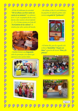 --El día 20 celebramos la actividad           --Por último, el día 22, en la biblioteca,
“ Por un abrazo y un beso cuento un           los pequeños de infantil y primer ciclo
cuento en un momento”. Los alumnos            tuvieron un guiñol de “Garbancito”.
de 4º, 5º y 6º, en grupitos de dos o tres ,
fueron a leer cuentos a los de infantil,
1º , 2º y 3º.Como estamos en el año del
“Acercamiento de las culturas”, la
temática fue sobre cuentos del mundo.




                                              --El mismo día, para los segundo ciclo
                                              se hizo el Kamishibai “ El gato con
                                              botas” y para los del tercero “Hans y la
--También hicimos una Exposición              princesa”
sobre los personajes y los objetos que
aparecen en los cuentos leídos.




                                                                                    Página 4
 