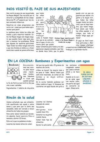 ¡NOS VISITÓ EL PAJE DE SUS MAJESTADES!
Nos visitó un paje de sus majestades       que todos                                           pueda vivir en paz sin
los Reyes Magos. Fue recibido por el       los niños                                           guerras que matan a la
director y acompañado de los compa-        puedan ir                                           gente y no dejan vivir,
ñeros de 5º y 6º pasaron por las cla-      a un cole-                                          que todos los niños
ses cantando villancicos.                  gio para                                            tengan todos los dere-
Nosotros en clase preparamos una           aprender                                            chos, que no haya ham-
carta con cosas que queríamos apro-        muchas                                              bre, que todos tenga-
vechar para pedir.                         cosas y no                                          mos salud, que todos
                                           se      les                                         los niños puedan ir al
Lo pedimos para todos los niños del
                                           obligue a                                           colegio, que todo el
mundo y para nosotros también. Co-
                                           t rab aj ar                                         mundo tenga agua po-
mo los Reyes magos son magos segu-
                                           como si fuesen mayo- Hicimos llegar nuestras peti- table”.
ro que pueden hacer algo para ayu-
                                           res, que no se contami- ciones a los Reyes Magos a El paje se llevó nues-
dar a resolver los problemas. Éstas
                                           nen el agua, el aire y la    través de su paje.
                                                                                               tras peticiones a Mel-
son algunas de nuestras peticiones:
                                           tierra para que pueda                               chor, Gaspar y Baltasar
“Que todos los niños tengan derecho
                                           haber alimentos para todos y no des- y nosotros nos COMPROMETIMOS a
a que les atienda un médico y a tener
                                           aparezcan algunos animales, que llue- trabajar y a aprender mucho.
medicinas cuando se ponen enfermos,
                                           va donde hace falta, que la gente




 EN LA COCINA: Bombones y Experimentos con agua
                         R ec omend a-     del que nos guste más, 25 gramos de      las metemos al
                         mos una rece-     manteca de cerdo.                        congelador vemos
                         ta para hacer     ¿Cómo se hacen? Se mezcla todo y         que pasa a estado
                         unos riquísi-     se pone al “baño María” hasta que        sólido y se hace        EL AGUA
                         mos bombo-        esté bien mezclado, se echan en los      hielo.               PUEDE ESTAR
                         nes. Sabemos      moldes y se dejan enfriar.               Cuando en la coci-    EN ESTADO
                         lo ricos que      ¡Riquísimos!                             na se pone agua        LÍQUIDO;
                         quedan porque                                              con mucho calor,       SÓLIDO O
                                           En la cocina también podemos ver
la tía de Patricia nos invitó el día que                                            una parte del agua     GASEOSO
                                           cómo cambia el agua. Si llenamos las
vino a asar castañas.                                                               se convierte en
                                           cubiteras con agua líquida del grifo y
Ingredientes: 1 tableta de chocolate                                                vapor. Observarlo




Rincón de la salud
Hemos estudiado que una alimenta-          Lavarme los dientes
ción equilibrada nos ayuda a estar         después de comer.                        1.    .
sanos y que para que la dieta sea          Vacunarme
saludable, debe ser variada e incluir
                                           Ab rigarme      b ie n
alimentos de todos los grupos.
                                           cuando hace frío.
Para estar sanos también es necesa-
                                           Intentar no mojarme
rio asearse, hacer ejercicio físico a
                                           cuando llueve.                                     Pie de imagen o gráfico.
menudo y dormir 10 horas..
                                           Comer todo tipo de
Esto es lo que no podemos olvidar :
                                           alimentos.
Lavarme las manos antes de comer.
                                           Dormir lo suficiente.



Nº2                                                                                                              Página 3
 