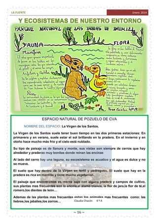 LA FUENTE

Enero 2014

ESPACIO NATURAL DE POZUELO DE CVA
NOMBRE DEL ESPACIO: La Virgen de los Santos.
La Virgen de los Santos suele tener buen tiempo en las dos primeras estaciones: En
primavera y en verano, suele estar el sol brillando en la pradera. En el invierno y en
otoño hace mucho más frio y el cielo está nublado.
Su tipo de paisaje es de llanura y monte, sus vistas son siempre de cerros que hay
alrededor y praderas muy bonitas donde reinan las encinas
Al lado del cerro hay una laguna, su escosistema es acuatico y el agua es dulce y no
se mueve.
El suelo que hay dentro de la Virgen en fértil y pedregoso. El suelo que hay en la
pradera es rica en mantillo y tiene mucha vegetacion.
El paisaje que encontramos es monte bajo con alguna pradera y campos de cultivo,
sus plantas mas frecuentes son la encina,el álamo blanco, la flor de jara,la flor de té,el
romero,los dientes de león…
Ademas de las plantas mas frecuentes estan los animales mas frecuentes como: las
Claudia Chacón 4 º A
liebres,los jabalíes,los zorros…

~ 16 ~

 