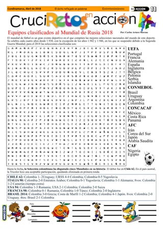 Por: Carlos Arturo Moreno
Cundinamarca, Abril de 2018 El éxito reflejado en palabras Entretenimiento
Equipos clasificados al Mundial de Rusia 2018
UEFA
Portugal
Francia
Alemania
España
Inglaterra
Bélgica
Polonia
Serbia
Islandia
CONMEBOL
Brasil
Uruguay
Argentina
Colombia
CONCACAF
México
Costa Rica
Panamá
AFC
Irán
Corea del Sur
Japón
Arabia Saudita
CAF
Nigeria
Egipto
El mundial de fútbol es un gran evento deportivo en el que compiten las mejores selecciones nacionales del mundo de este deporte.
Se celebra cada cuatro años desde 1.930, con la excepción de los años 1.942 y 1.946, en los que se suspendió debido a la Segunda
Guerra Mundial; para el 2018 las selecciones clasificadas son:
CHILE 62: Colombia 1- 2Uruguay; URSS 4-4 Colombia; Colombia 0-5 Yugoslavia
ITALIA 90: Colombia 2-0 Emiratos Árabes; Colombia 0-1 Yugoslavia; Colombia 1-1 Alemania; 8vos: Colombia
1-2 Camerún (tiempo extra)
USA 94: Colombia 1-3 Rumania; USA 2-1 Colombia; Colombia 2-0 Suiza
FRANCIA 98: Colombia 0-1 Rumania; Colombia 1-0 Túnez; Colombia 2-0 Inglaterra
BRASIL 2014: Colombia 3-0 Grecia; Costa de Marfil 1-2 Colombia; Colombia 4-1 Japón. 8vos: Colombia 2-0
Uruguay. 4tos: Brasil 2-1 Colombia
Hasta la fecha, la Selección colombiana ha disputado cinco Mundiales en su historia. El debut fue en Chile 62. En el país austral,
la Tricolor hizo una aceptable participación, quedando eliminada en primera ronda.
País:
Año:
Mascota:
Campeón:
 