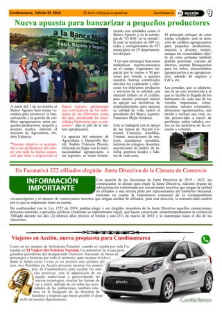 Como en los tiempos de Arritokieta Pimentel cuando se viajaba por toda Co-
lombia en 'El Viajero'del Noticiero Nacional, Un automóvil en el que pere-
grinaban periodistas del desaparecido Noticiero Nacional, en busca de
personajes e historias por todo el territorio, para mostrar al televi-
dente la forma cómo vivían en los pueblos más aislados del
país, hoy Periódico en Acción proyecta recorrer los munici-
pios de Cundinamarca para resaltar las noti-
cias positivas, con la adquisición de un
equipo audiovisual y aprovechando las
nuevas tecnologías, resaltar las formas de
ver y sentir; además de oír sobre las nece-
sidades de las poblaciones, también esta-
mos en la búsqueda de las historias de
hombres y mujeres que hacen posible el desa-
rrollo de nuestro departamento.
Viajeros en Acción, nueva propuesta para Cundinamarca
Cundinamarca, Edición 59 2018 El éxito reflejado en palabras Cundinamarca
A partir del 1 de noviembre el
Banco Agrario hará tomas ve-
redales para promover la ban-
carización y la gestión de cré-
ditos agropecuarios entre pe-
queños productores, mujeres y
jóvenes rurales, informó el
ministro de Agricultura, An-
drés Valencia.
“Nuestro objetivo es acompa-
ñar a los productores del cam-
po con toda la fuerza comer-
cial que tiene a disposición el
Banco Agrario, adelantando
una convocatoria de los habi-
tantes de las diferentes zonas
del país, atendiendo las nece-
sidades financieras que se pre-
senten”, dijo el jefe de la car-
tera agropecuaria.
La apuesta del ministro de
Agricultura y Desarrollo Ru-
ral, Andrés Valencia Pinzón,
enfocada en llegar con la insti-
tucionalidad agropecuaria a
las regiones, se viene fortale-
ciendo con entidades como el
Banco Agrario y su la estrate-
gia de “El BAC en tu vereda”,
la cual se realizará en 609 ve-
redas y corregimientos de 457
municipios en 29 departamen-
tos del país.
“Con esta estrategia buscamos
multiplicar nuestra presencia
en el campo. Esperamos im-
pactar por lo menos a 30 per-
sonas por vereda, a quienes
nuestras fuerzas comerciales
móviles les explicarán y ofre-
cerán los diferentes productos
y servicios de la entidad, con
especial énfasis en el crédito,
pues nuestro principal interés
es apoyar sus iniciativas de
emprendimiento, para mejorar
su calidad de vida, indicó el
presidente del Banco Agrario,
Francisco Mejía Sendoya.
Esto se trabajará con el apoyo
de las Juntas de Acción Co-
munal, Concejos, Alcaldías,
Umatas, asociaciones de mu-
jeres, acueductos veredales,
rectores de colegios, docentes,
asociaciones de padres de fa-
milia, gremios locales y líde-
res de cada zona.
El principal enfoque de estas
tomas veredales será la aten-
ción de créditos agropecuarios
para pequeños productores,
mujeres y jóvenes rurales,
aunque las comunidades obje-
to de estas jornadas también
podrán gestionar: cuentas de
ahorros, cuentas Banagraritos
para los niños, microcréditos
agropecuarios y no agropecua-
rios, además de seguros y
Cdt’s, etc.
Las jornadas, que se adelanta-
rán en un sitio reconocido y al
que se facilite la llegada de los
habitantes de cada una de las
veredas impactadas, como:
escuelas, salones comunales,
almacenes agropecuarios, una
tienda o incluso una casa, se-
rán promovidas a través de
perifoneo, cuñas radiales, avi-
sos en las carteleras de las es-
cuelas y volantes.
Nueva apuesta para bancarizar a pequeños productores
Con ocasión de las elecciones de Junta Directiva de 2019 - 2022. los
comerciantes se alistan para elegir la Junta Directiva, máximo órgano de
administración conformada por comerciantes inscritos que tengan la calidad
de afiliados y una tercera parte por representantes del Gobierno Nacional,
teniendo en cuenta la importancia comercial de la correspondiente
circunscripción y el número de comerciantes inscritos que tengan calidad de afiliados, para esta elección, la normatividad cambió
por lo que es importante tener en cuenta.
De conformidad con la Ley 1727 de 2014, podrán elegir y ser elegidos miembros de la Junta Directiva aquellos comerciantes,
personas naturales o personas jurídicas (mediante su representante legal), que hayan conservado ininterrumpidamente la calidad de
Afiliado durante los dos (2) últimos años previos al treinta y uno (31) de marzo de 2018 y la mantengan hasta el día de las
elecciones.
En Facatativá 322 afiliados elegirán Junta Directiva de la Cámara de Comercio
 