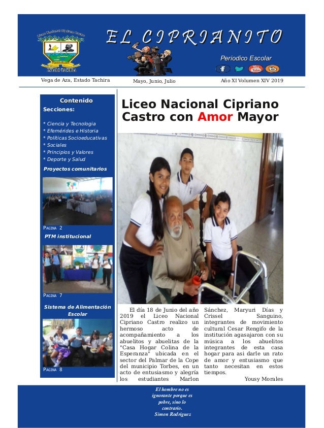 Periódico Escolar de los meses de  Mayo, Junio, Julio del año 2019