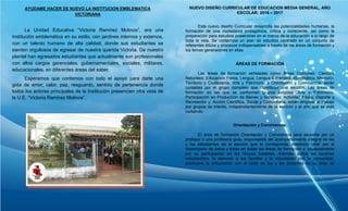 AYUDAME HACER DE NUEVO LA INSTITUCION EMBLEMATICA
VICTORIANA
La Unidad Educativa “Victoria Ramírez Molinos”, era una
Institución emblemática en su estilo, con jardines internos y externos,
con un talento humano de alta calidad, donde sus estudiantes se
sienten orgullosos de egresar de nuestra querida Victoria. De nuestro
plantel han egresados estudiantes que actualmente son profesionales
con altos cargos gerenciales, gubernamentales, sociales, militares,
educacionales, en diferentes áreas del saber.
Esperamos que contemos con todo el apoyo para darle una
gota de amor, calor, paz, resguardo, sentido de pertenencia donde
todos los actores principales de la Institución presencien otra vista de
la U.E. “Victoria Ramírez Molinos”.
NUEVO DISEÑO CURRICULAR DE EDUCACION MEDIA GENERAL, AÑO
ESCOLAR: 2016 – 2017
Este nuevo diseño Curricular desarrolla las potencialidades humanas, la
formación de una ciudadanía protagónica, crítica y consciente, así como la
preparación para estudios posteriores en el marco de la educación a lo largo de
toda la vida. Se contempla un plan de estudios centrado en un conjunto de
referentes éticos y procesos indispensables a través de las áreas de formación y
los temas generadores en ellas.
ÁREAS DE FORMACIÓN
Las áreas de formación señaladas como Áreas Comunes: Ciencias
Naturales, Educación Física, Lengua, Lengua Extranjera, Matemática, Memoria,
Territorio y Ciudadanía, Arte y Patrimonio y Orientación y Convivencia, serán
cursadas por el grupo completo que constituye una sección. Las áreas de
formación en las que se conforman grupos estables: Arte y Patrimonio,
Participación en Producción de Bienes y Servicios; Actividad Física, Deporte y
Recreación y, Acción Científica, Social y Comunitaria, están dirigidas al trabajo
por grupos de interés, independientemente de la sección y el año que se esté
cursando.
Orientación y Convivencia:
El área de formación Orientación y Convivencia será asumida por un
profesor o una profesora guía, responsable del acompañamiento integral de las
y los estudiantes de la sección que le corresponda; debiendo velar por el
desempeño de éstos y éstas en todas las áreas de formación y, especialmente
por su participación en los Grupos Estables. Además, activa las vocerías
estudiantiles, la atención a las familias y la vinculación con la comunidad,
promueve la articulación con el resto de los y las docentes de su área de
 