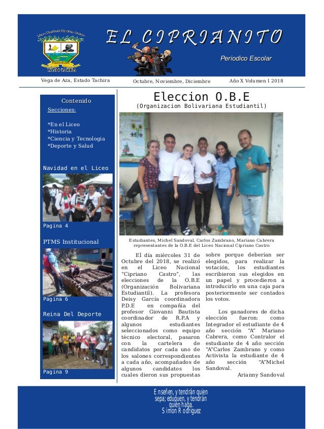 Periódico Escolar de Octubre, Noviembre, Diciembre 2018