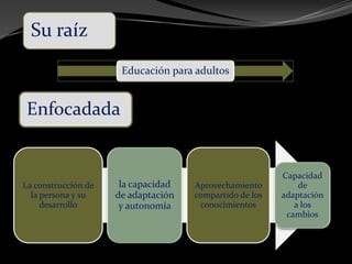 Su raíz
Educación para adultos
Enfocadada
La construcción de
la persona y su
desarrollo
la capacidad
de adaptación
y autonomía
Aprovechamiento
compartido de los
conocimientos
Capacidad
de
adaptación
a los
cambios
 