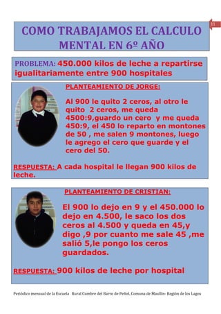 11

    COMO TRABAJAMOS EL CALCULO
         MENTAL EN 6º AÑO
PROBLEMA: 450.000 kilos de leche a repartirse
igualitariamente entre 900 hospitales
                            PLANTEAMIENTO DE JORGE:

                            Al 900 le quito 2 ceros, al otro le
                            quito 2 ceros, me queda
                            4500:9,guardo un cero y me queda
                            450:9, el 450 lo reparto en montones
                            de 50 , me salen 9 montones, luego
                            le agrego el cero que guarde y el
                            cero del 50.

RESPUESTA: A cada hospital le llegan 900 kilos de
leche.

                           PLANTEAMIENTO DE CRISTIAN:

                          El 900 lo dejo en 9 y el 450.000 lo
                          dejo en 4.500, le saco los dos
                          ceros al 4.500 y queda en 45,y
                          digo ,9 por cuanto me sale 45 ,me
                          salió 5,le pongo los ceros
                          guardados.

RESPUESTA:             900 kilos de leche por hospital

Periódico mensual de la Escuela Rural Cumbre del Barro de Peñol, Comuna de Maullín- Región de los Lagos
 
