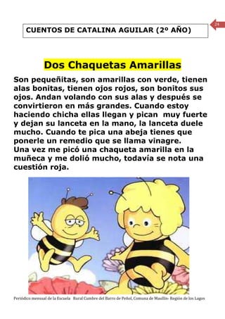 24
      CUENTOS DE CATALINA AGUILAR (2º AÑO)




                Dos Chaquetas Amarillas
Son pequeñitas, son amarillas con verde, tienen
alas bonitas, tienen ojos rojos, son bonitos sus
ojos. Andan volando con sus alas y después se
convirtieron en más grandes. Cuando estoy
haciendo chicha ellas llegan y pican muy fuerte
y dejan su lanceta en la mano, la lanceta duele
mucho. Cuando te pica una abeja tienes que
ponerle un remedio que se llama vinagre.
Una vez me picó una chaqueta amarilla en la
muñeca y me dolió mucho, todavía se nota una
cuestión roja.




Periódico mensual de la Escuela Rural Cumbre del Barro de Peñol, Comuna de Maullín- Región de los Lagos
 