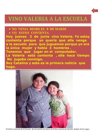 5




   VINO VALERIA A LA ESCUELA
  • NO VENIA DESDE EL 8 DE MARZ0
  • YO ESTOY CONTENTA
Hoy jueves 2 de junio vino Valeria. Yo estoy
contenta porque yo quería que ella venga
a la escuela para que juguemos porque yo era
la única mujer y había 3 hombres .
Tenemos que jugar en el computador.
La Valeria esta contenta , ella hace tiempo
 No jugaba conmigo.
Soy Catalina y esta es la primera noticia que
hago.




Periódico mensual de la Escuela Rural Cumbre del Barro de Peñol, Comuna de Maullín- Región de los Lagos
 