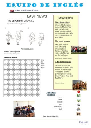 EQUIPO DE INGLÉS
SCHOOL NEWS IN ENGLISH

LAST NEWS
THE SEVEN DIFFERENCIES
Alejandro, Manuel, Roberto y Jonathan

!

!

EXCURSIONS
The planetarium
We went to the planetarium in Madrid. We
saw many things:
stars, planets, satellites, asteroids, etc.. We
had a great time and it
was great.

The giant woman

WORDS SEARCH
Find the following words
Carmelo, Anthony, Ruben y Jaime

The giant woman
was a fun and
amazing trip in
Torrejón. We learned a lot of things
we did not know.
Raquel, Adrian, Amanda y Antonio

A day in the musical
On March 15th, We
went to a musical. Two
friends in the musical
"Pinocchio and Magic"sang many songs
Disney's Lion King and
Toy Story.
Carmelo y Jaime

JOINS THE
ARROWS
DOG
APPLE

HORSE
CAT
FOOTBALL
CAR

Dana, Marta, Erika, Katy

Página 19

 