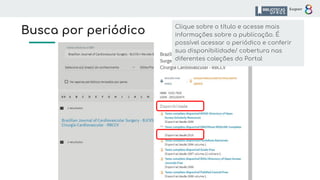 Busca por periódico Clique sobre o título e acesse mais
informações sobre a publicação. É
possível acessar o periódico e conferir
sua disponibilidade/ cobertura nas
diferentes coleções do Portal
 