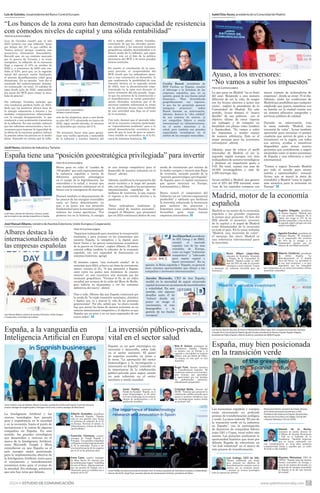 Luis de Guindos resaltó que el año
2023 terminó con una inflación “justo
por debajo del 3%”, lo que calificó de
“buena noticia” porque constata una
trayectoria claramente descendente.
Recordó que, en un contexto marcado
por la guerra de Ucrania y la crisis
energética, la inflación de la eurozona
llegó a superar el 10% en octubre de
2022 y, a comienzos de 2023 aún ron-
daba el 8,6%, pero que, en la segunda
mitad del ejercicio recién finalizado,
el proceso desinflacionista cobró gran
dinamismo. En su opinión, “este fue el
resultado del endurecimiento moneta-
rio continuado -en total, 10 subidas de
tipos desde julio de 2022- emprendido
por parte del BCE para atajar la esca-
lada de precios”.
Sin embargo, Guindos anticipó que
esta tendencia perderá fuelle en 2024,
dado que los positivos efectos base de
la energía empezarán a notarse y las
medidas compensatorias relacionadas
con la energía desaparecerán, lo que
conducirá a una aceleración transitoria
de la inflación. En este sentido, subrayó
que las reformas estructurales y las in-
versiones para mejorar la capacidad de
la oferta de la eurozona podrían reducir
la presión sobre los precios en el medio
plazo, teniendo en cuenta que la infla-
ción de los alimentos, pese a caer desde
su pico del 15 % alcanzado en marzo de
2023, sigue siendo elevada, al situarse
en diciembre por encima del 6 %.
“Es necesario hacer más para garan-
tizar una vuelta oportuna y sostenible
de la inflación a nuestro objetivo del
2% a medio plazo”, afirmó Guindos,
consciente de que las elevadas presio-
nes salariales y las mayores tensiones
geopolíticas añaden incertidumbre a la
futura senda de la inflación, que sigue
estando aún en el foco de la política
monetaria del BCE y de otros grandes
bancos centrales.
En cuanto al crecimiento de la euro-
zona previsto, el vicepresidente del
BCE reveló que los indicadores apun-
tan a una contracción en diciembre, lo
que confirmaría la posibilidad de una
recesión técnica en la segunda mitad
de 2023, tras la desaceleración expe-
rimentada en la zona euro durante el
tercer trimestre del año pasado. Augu-
ró que los sectores de la construcción y
el manufacturero se verán particular-
mente afectados, mientras que el de
servicios también ralentizará su ritmo
en los próximos meses como resultado
de una actividad más floja en el resto
de la economía.
Con todo, destacó que el mercado labo-
ral de la eurozona continúa mostrándo-
se “especialmente resiliente” pese a la
actual desaceleración económica des-
pués de que la tasa de paro se mantu-
viera estable en noviembre en el 6,4%,
cerca de mínimos históricos.
Las economías española y europea
están atravesando un profundo
proceso de transformación ecológica
y verde. La mesa redonda “El reto de
la transición verde en la industria
en España”, con la participación
de directivos de compañías líderes
como IAG o Cepsa, versó sobre este
asunto. Los ponentes analizaron la
oportunidad histórica que tiene por
delante España de convertirse en
“un hub industrial” en el marco de
este proceso de transformación.
Luis Gallego, CEO de IAG:
“Hemos establecido una senda
para alcanzar los objetivos de
descarbonización: comprar nuevos
aviones con un consumo menor
e invertir en nuevas tecnologías
como la captura de carbono”.
Manuel de la Rocha,
secretario de estado, director de
la Oficina de Asuntos Económicos
y G20 en el Gabinete de la
Presidencia: “Aquellas empresas
que no hayan comenzado con
esta transformación, en unos años, perderán
competitividad frente a aquellas que ya estén
llevando a cabo medidas”.
Maarten Wetselaar, CEO de
CEPSA: “España tiene las mejores
fuentes renovables de Europa y
unas de las mejores del mundo. La
producción de energías renovables
en España es de las más baratas
del mundo”.
Jacobo Hornedo, CEO de Aon España,
incidió en la necesidad de seguir atrayendo
capitalinversorenunentornodeincertidumbre
y volatilidad. En este
sentido, citó algunos
desafíos como el de
“reducir deuda sin
poner en riesgo el
crecimiento, el reto
demográfico o la
gestión de los fondos
europeos”.
JosDijsselhof,presidente
de SIX Group y de BME,
ensalzó el mercado
español, uno de los más
rentables de Europa,
como un lugar “realmente
competitivo” y “adecuado
para captar capital y
hacer inversiones”. En su
opinión, la Bolsa española y “España, en general
tiene enormes oportunidades que ofrecer a las
compañías e inversores internacionales”.
Hereu puso en valor el “cambio de
180 grados” que está experimentando
la industria española a través de
diferentes proyectos estratégicos
en el campo de la digitalización, las
renovables o la salud, y avanzó que
esta transformación continuará en el
futuro con la emergencia de startups.
Destacó también el abaratamiento de
los precios de las energías renovables
como un factor determinante, ya
que, a su juicio, son una atracción
fundamental para la inversión porque
reducen los costes operativos. “Por
primera vez en la historia, la energía
es una ventaja competitiva para el
desarrollo de nuestra industria en el
futuro”, afirmó.
Además, incidió en la recuperación del
sector turístico a lo largo del pasado
año, con una llegada a los aeropuertos
internacionales españoles de 84
millones de visitantes, lo que supone
el regreso a los niveles previos a la
pandemia.
“Estos indicadores confirman la
buena salud de nuestra economía”,
aseguró el Ministro, que pronosticó
que en 2024 continuará dentro de una
senda de crecimiento por encima de
la media europea y atraerá más flujos
de inversión, sacando partido de la
“posición geoestratégica privilegiada”
de España para el capital extranjero
que quiere aterrizar en Europa,
Latinoamérica y África.
Hereu reiteró el compromiso del
Gobierno con un “entorno empresarial
predecible” y adelantó que facilitará
la inversión reduciendo la burocracia
para acelerar los proyectos y
fomentará unas condiciones fiscales
favorables para crear nuevas
empresas innovadoras.
Lo que pasa en Madrid “no es fruto
del azar. Responde a una manera
diferente de ver la vida, de acoger
con los brazos abiertos a quien nos
visita”, explicó la presidenta de la
Comunidad de Madrid. En este
sentido, Ayuso destacó el “marco
flexible” de sus políticas con el
objetivo último de crear riqueza
sin ambages y de competir en
fiscalidad con plazas como Londres
o Ámsterdam. “No vamos a subir
los impuestos y mucho menos
de manera arbitraria. Este es el
mejor mensaje para los inversores
extranjeros”, afirmó.
Además, puso de relieve el perfil
innovador de Madrid, al ser la
segunda región europea con más
trabajadores de sectores tecnológicos
y destinar un importante gasto a
I+D. En total, cuenta con más de
40.000 investigadores y más de
2.200 startups, dijo.
Ayuso calificó a Madrid, que genera
casi el 20% del PIB nacional, como
“una de las capitales europeas con
mayor número de aceleradoras de
empresas”, donde se crean 79 al día.
Además, alabó las condiciones de
Madridqueposibilitanquecualquier
empleado que quiera instalarse con
su familia en la ciudad cuente con
un sistema educativo integrador y
servicios públicos de calidad.
Durante su intervención, tras
la mesa redonda “Madrid, una
inversión de valor”, Ayuso también
aprovechó para anunciar el primer
cuaderno que servirá de guía a las
inversiones en la región, con todos
sus activos, ayudas e incentivos
disponibles para atraer nuevos
proyectos que contribuirán a seguir
situándola como el motor económico
de España y una referencia a nivel
internacional.
“Vamos a seguir llevando Madrid
por todo el mundo para atraer
talento y oportunidades”, resumió
Ayuso, que se marcó la meta de
consolidar a Madrid “como la región
más atractiva para la inversión en
Europa”.
Madrid es un motor de la economía
española y las grandes empresas
lo tienen muy presente. El foro del
SID abordó el atractivo inversor
de la capital y el papel de Madrid
como dinamizador de la inversión
en todo el país. En la mesa redonda
“Madrid, una inversión de valor”,
el mensaje fue claro: Madrid es
una referencia internacional para
la inversión.
Rocío Albert López-Ibor,
consejera de Economía, Hacienda
y Empleo de la Comunidad de
Madrid: “Madrid recibió en 2023
más del 50% de toda la inversión
extranjera a nivel nacional. Vamos
a mantener un ambiente favorable para los
inversores”.
Ángeles Delgado, presidenta
de Fujitsu España: “Madrid está
en una posición ventajosa. Es la
región que acoge al 31% de las
grandes compañías, y hoy en día es
la segunda región europea con más
empleo tecnológico”.
Agustín Escobar, presidente de
Siemens España: “El transporte
es el responsable del consumo
del 30% de la energía y es
fundamental apostar por un
sistema de movilidad sostenible”.
Alberto Gutiérrez, presidente
de Airbus España: “La
descarbonización es el desafío
clave del futuro. La movilidad es
el reto más inminente, y es muy
importante que las compañías
que trabajamos en ese sector procuremos utilizar
materiales sostenibles”.
España es un país estratégico en
inversión y desarrollo, sobre todo
en el sector sanitario. El panel
de expertos reunidos en torno a
la mesa “La aportación del sector
biotecnológico a la investigación e
innovación en España” coincidió en
la importancia de la colaboración
público-privada para seguir siendo
un país referente en el sector
sanitario a escala mundial.
Javier Padilla, secretario de
Estado de Sanidad: “España, en el
sector biotecnológico, es the place
to be por el liderazgo en los ensayos
clínicos de medicamentos y en la
producción científica”
Rick R. Suárez, presidente de
AstraZeneca España: “España
es número uno en Europa y el
segundo a nivel global en ensayos
clínicos, solo por detrás de China.
La ciencia en este país es una
maravilla”.
Ángel Font, director ejecutivo
de CaixaResearch Institute: “El
ecosistemasanitarioyalotenemos,
pero tenemos que aprovechar
la oportunidad que nos brindan
los profesionales sanitarios,
sobradamente preparados”.
Cristóbal Belda, director del
ISCIII: “Tenemos que promover la
colaboración público-privada para
apoyar a nuestros científicos y que
sus investigaciones acaben siendo
un producto útil”.
La Inteligencia Artificial y las
nuevas tecnologías han ganado
peso e importancia en la sociedad
y en la economía, hasta el punto de
incorporarse a la rutina de algunas
compañías en España. En este
sentido, las grandes tecnológicas
que desarrollan e innovan en el
marco de la Inteligencia Artificial,
como Microsoft, Google y Meta
coincidieron en que España es el
país europeo mejor posicionado
para la implementación efectiva de
la Inteligencia Artificial, tanto para
el crecimiento y transformación
económica como para el avance de
la sociedad. Sin embargo, señalaron
que aún hay retos por delante.
Alberto Granados, presidente
de Microsoft España: “España
está en una posición muy buena
en términos de adopción de la IA
en Europa. Tenemos el talento, la
infraestructura, centros de datos y
oportunidades”.
Fuencisla Clemares, country
manager de Google España y
Portugal: “Las grandes compañías
enEspañayaestánimplementando
la IA, la entienden. Vamos a ver
una transformación de los negocios
por la IA en los próximos años”.
Irene Cano, country manager
de Meta Iberia: Es esencial que
los profesionales hagan “reskilling
de cara al futuro. Algunos piensan
que sus puestos de trabajo van a
eliminarse, pero en realidad van a
mejorar con la IA”.
España, a la vanguardia en
Inteligencia Artificial en Europa
La inversión público-privada,
vital en el sector salud
España, muy bien posicionada
en la transición verde
Manuel de la Rocha, secretario de Estado. Director
de la Oficina de Asuntos Económicos y G20,
Presidencia del Gobierno de España; Amanda Mars,
directora de Cinco Días; Luis Gallego, CEO de IAG
y Maarten Wetselaar, CEO de CEPSA.
Luis de Guindos, vicepresidente del Banco Central Europeo
Luis de Guindos, vicepresidente
del Banco Central Europeo.
“Los bancos de la zona euro han demostrado capacidad de resistencia
con cómodos niveles de capital y una sólida rentabilidad”
“Seguimos trabajando para mantener la recuperación
económica y para avanzar en las transiciones que
necesita España, la energética y la digital, para
hacer frente a las graves consecuencias económicas
de la guerra en Ucrania”, explicó Albares. El sector
exterior refleja también la robustez de la economía
española, con una capacidad de financiación en
máximos históricos, agregó.
El ministro espera “una evolución similar” de la
economía para 2024, si bien a un ritmo de crecimiento
menor, cercano al 2%, “lo que permitirá a España
estar entre los países más dinámicos de nuestro
entorno” en una coyuntura aún marcada por las
tensiones geopolíticas. “Vivimos el fin de un orden
mundial que arranca de la caída del Muro de Berlín,
pero todavía no alcanzamos a ver los contornos
definitivos del nuevo”, afirmó.
Pese a todo, Albares dijo que España continuará por
la senda de “la triple transición económica, climática
y digital, que va a marcar la vida de las próximas
generaciones”. Por ello, señaló que “es ahora cuando
hay que sentar las bases de nuestra economía en un
entorno internacional competitivo y el objetivo es que
España sea un actor y no un mero espectador de ese
nuevo orden”.
Cecilia Boned, presidenta de
BNP Paribas en España, ensalzó
el liderazgo y la fortaleza de las
empresas españolas, que, en su
opinión, gozan de una buena salud
financiera. “Han diversificado
geográficamente sus ingresos,
lo que les ha permitido generar
márgenes atractivos”, indicó
Boned durante su intervención.
Además, destacó la “alta calidad”
de sus carteras de activos, al
ser compañías líderes a escala
internacional en infraestructuras,
en el sector minorista y la
salud, pero también con grandes
capacidades tecnológicas en el
ámbito de las energías renovables.
Madrid, motor de la economía
española
España tiene una “posición geoestratégica privilegiada” para invertir
Jordi Hereu,ministro de Industria y Turismo
José Manuel Albares, ministro de Asuntos Exteriores, Unión Europea y Cooperación
Albares destaca la
internacionalización de
las empresas españolas
Isabel Díaz Ayuso, presidenta de la Comunidad de Madrid
Ayuso, a los inversores:
“No vamos a subir los impuestos”
2024 © ESTUDIO DE COMUNICACIÓN www.spaininvestorsday.com
Jordi Hereu, ministro de Industria y Turismo, resaltó
que la energía es una ventaja competitiva en España.
Viene de la primera página
Viene de la primera página
Viene de la primera página
Javier Echániz, socio de Deloitte; Alberto Granados, presidente de Microsoft España; Fuencisla Clemares,
country manager de Google España y Portugal e Irene Cano, country manager de Meta Iberia.
Javier Padilla, secretario de Estado de Sanidad; Rick. R. Suárez, presidente de AstraZéneca España; Cristóbal Belda,
director del ISCIII y Àngel Font, executive director de Caixaresearch Institute y presidente de Philea.
Luis Socías, director ejecutivo de Invest in Madrid; Rocío Albert López-Ibor, consejera de Economía, Hacienda
y Empleo de la Comunidad de Madrid; Agustín Escobar, presidente de Siemens España; Ángeles Delgado,
presidenta de Fujitsu España y Alberto Gutiérrez, presidente de AIRBUS España.
José Manuel Albares, ministro de Asuntos Exteriores, Unión Europea
y Cooperación, en el Palacio de la Bolsa.
Viene de la primera página
 