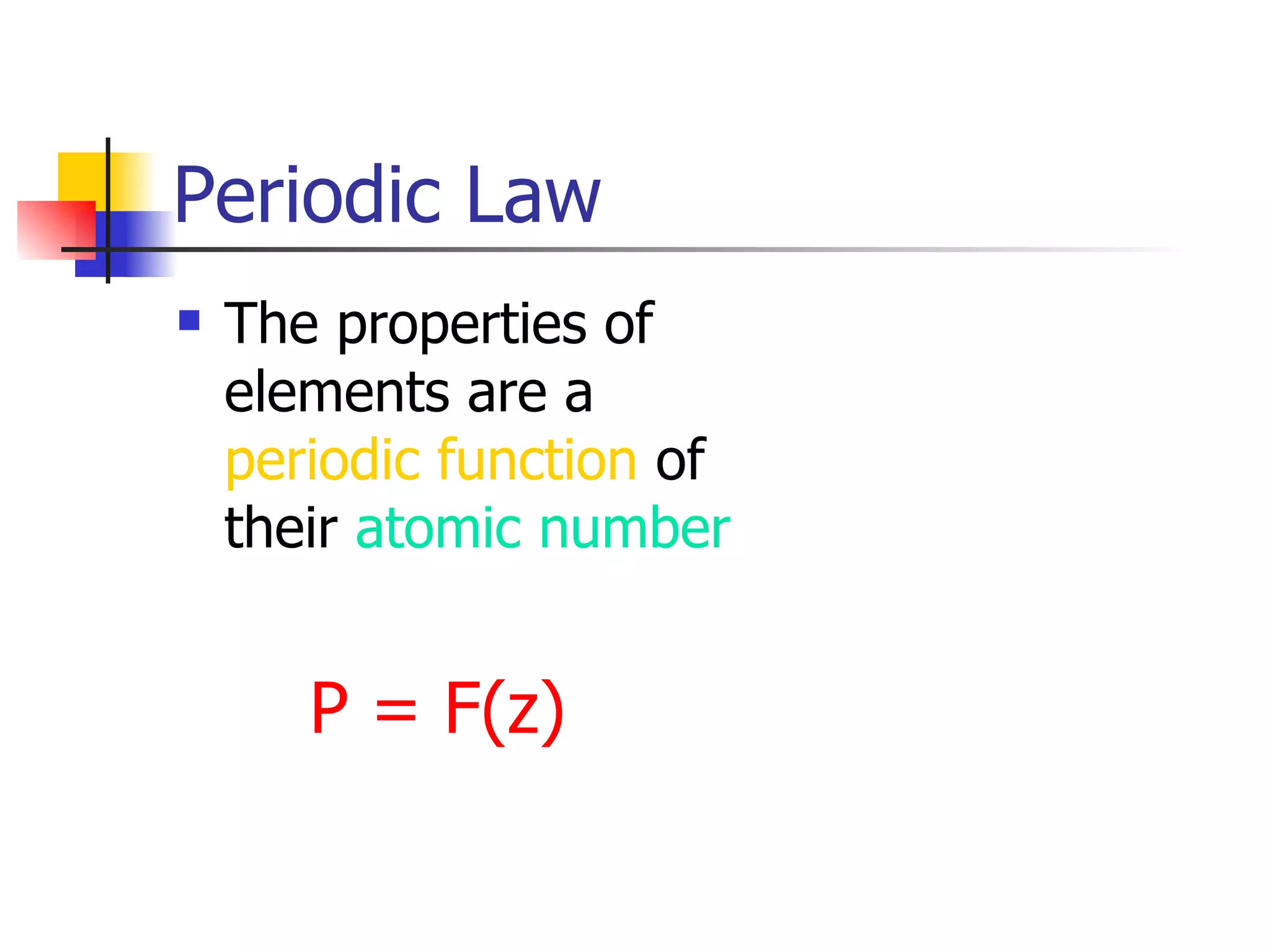 Periodic Law The properties of elements are a  periodic function  of their  atomic number P = F(z) 