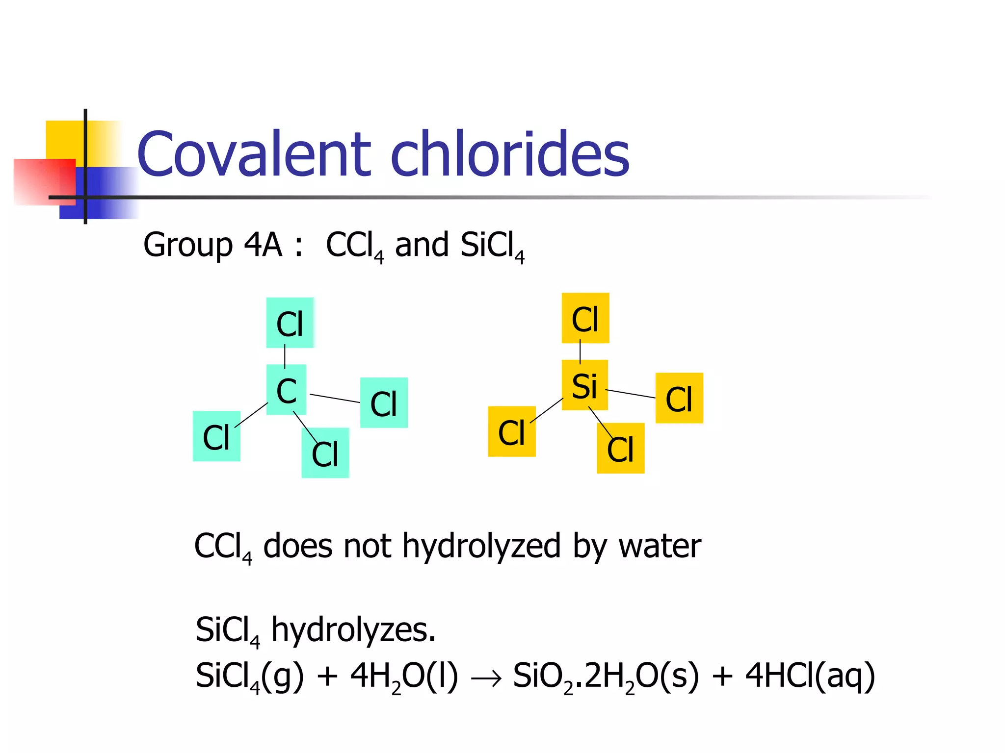 Covalent chlorides Group 4A :  CCl 4  and SiCl 4 CCl 4  does not hydrolyzed by water SiCl 4  hydrolyzes. SiCl 4 (g) + 4H 2 O(l)    SiO 2 .2H 2 O(s) + 4HCl(aq) Cl Cl Cl Cl Si Cl Cl Cl Cl C 