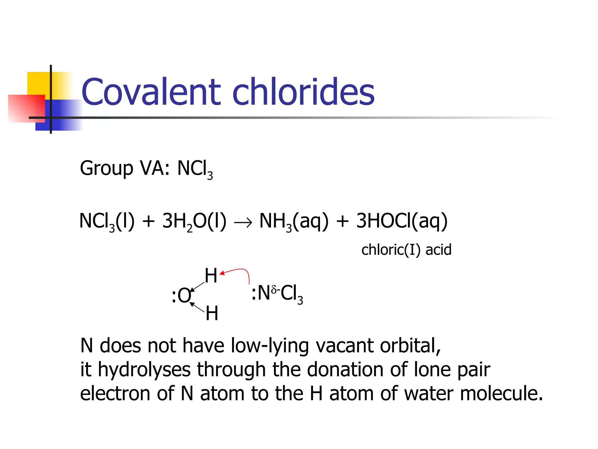 Covalent chlorides Group VA: NCl 3 NCl 3 (l) + 3H 2 O(l)    NH 3 (aq) + 3HOCl(aq) chloric(I) acid N does not have low-lying vacant orbital, it hydrolyses through the donation of lone pair electron of N atom to the H atom of water molecule. :O H H :N  - Cl 3 