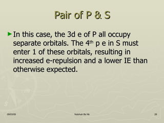 Pair of P & S In this case, the 3d e of P all occupy separate orbitals. The 4 th  p e in S must enter 1 of these orbitals, resulting in increased e-repulsion and a lower IE than otherwise expected. 