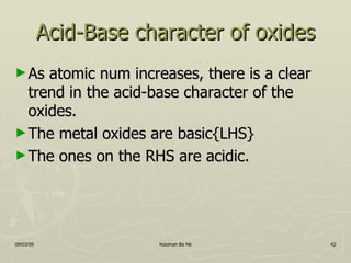 Acid-Base character of oxides As atomic num increases, there is a clear trend in the acid-base character of the oxides. The metal oxides are basic{LHS} The ones on the RHS are acidic. 