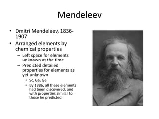 Mendeleev Dmitri Mendeleev, 1836-1907 Arranged elements by chemical properties Left space for elements unknown at the time Predicted detailed properties for elements as yet unknown Sc, Ga, Ge By 1886, all these elements had been discovered, and with properties similar to those he predicted 