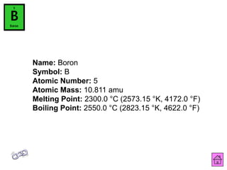 Name: Boron
Symbol: B
Atomic Number: 5
Atomic Mass: 10.811 amu
Melting Point: 2300.0 °C (2573.15 °K, 4172.0 °F)
Boiling Point: 2550.0 °C (2823.15 °K, 4622.0 °F)
 