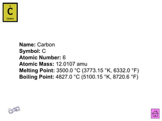 Name: Carbon
Symbol: C
Atomic Number: 6
Atomic Mass: 12.0107 amu
Melting Point: 3500.0 °C (3773.15 °K, 6332.0 °F)
Boiling Point: 4827.0 °C (5100.15 °K, 8720.6 °F)
 