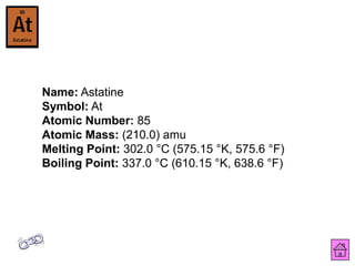 Name: Astatine
Symbol: At
Atomic Number: 85
Atomic Mass: (210.0) amu
Melting Point: 302.0 °C (575.15 °K, 575.6 °F)
Boiling Point: 337.0 °C (610.15 °K, 638.6 °F)
 