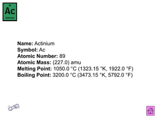 Name: Actinium
Symbol: Ac
Atomic Number: 89
Atomic Mass: (227.0) amu
Melting Point: 1050.0 °C (1323.15 °K, 1922.0 °F)
Boiling Point: 3200.0 °C (3473.15 °K, 5792.0 °F)
 