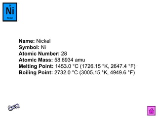 Name:  Nickel  Symbol:  Ni  Atomic Number:  28  Atomic Mass:  58.6934 amu  Melting Point:  1453.0 °C (1726.15 °K, 2647.4 °F)  Boiling Point:  2732.0 °C (3005.15 °K, 4949.6 °F)  