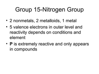 Group 15-Nitrogen Group
• 2 nonmetals, 2 metalloids, 1 metal
• 5 valence electrons in outer level and
  reactivity depends on conditions and
  element
• P is extremely reactive and only appears
  in compounds
 