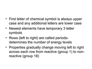• First letter of chemical symbol is always upper
  case and any additional letters are lower case
• Newest elements have temporary 3 letter
  symbols
• Rows (left to right) are called periods-
  determines the number of energy levels
• Properties gradually change moving left to right
  across each row from reactive (group 1) to non-
  reactive (group 18)
 