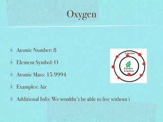 Oxygen


Atomic Number: 8

Element Symbol: O

Atomic Mass: 15.9994

Examples: Air

Additional Info: We wouldn't be able to live without i
 
