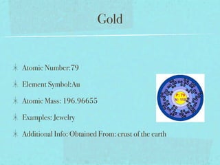 Gold


Atomic Number:79

Element Symbol:Au

Atomic Mass: 196.96655

Examples: Jewelry

Additional Info: Obtained From: crust of the earth
 
