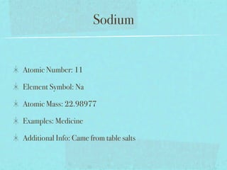 Sodium


Atomic Number: 11

Element Symbol: Na

Atomic Mass: 22.98977

Examples: Medicine

Additional Info: Came from table salts
 